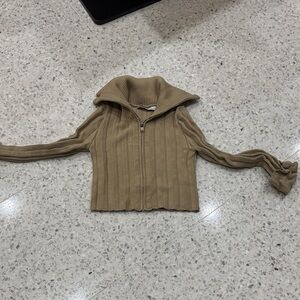 Tan Ribbed Zip-Up Sweater